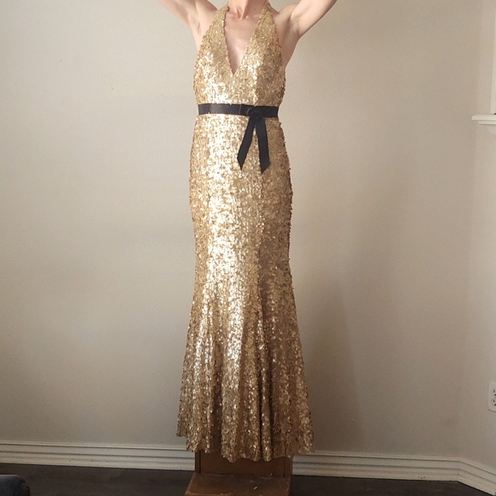 Mermaid Halter Gold Sequin Full Length Formal Dress